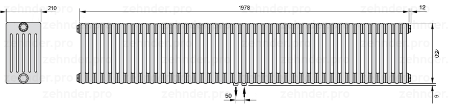 Схема (чертеж) Радиатор Zehnder Charleston 6045/43 №5410 Белый глянцевый RAL 9016